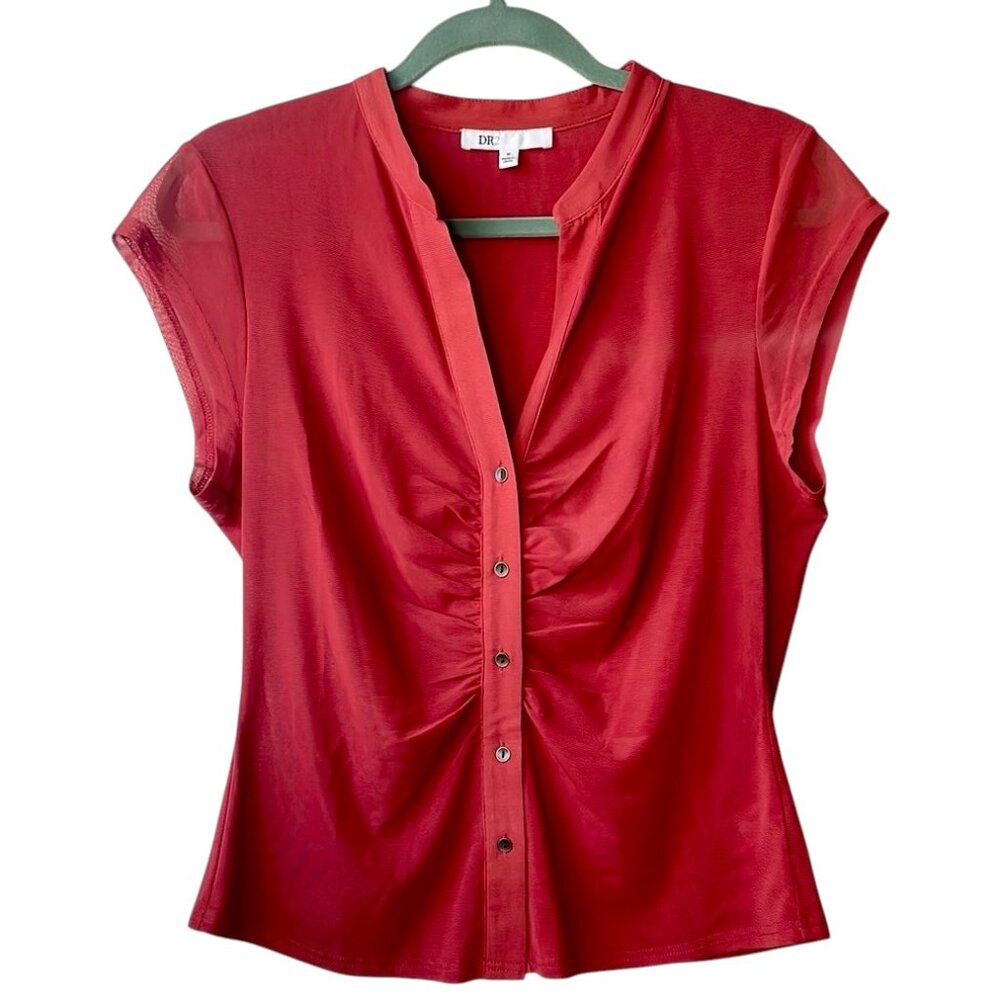 DR2 Ruched Mesh Button Front Shirt Burnt Orange Size M